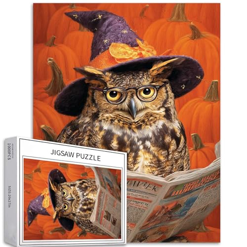 Eule mit Zaubererhut, 1000-teiliges Puzzle für Erwachsene, Halloween-Thema, Kürbishintergrund, Kunst-Puzzle, bunt, DIY-Puzzle, für Heimdekoration, Geschenke, Familienpuzzle, perfekt für Spielabende von Generic