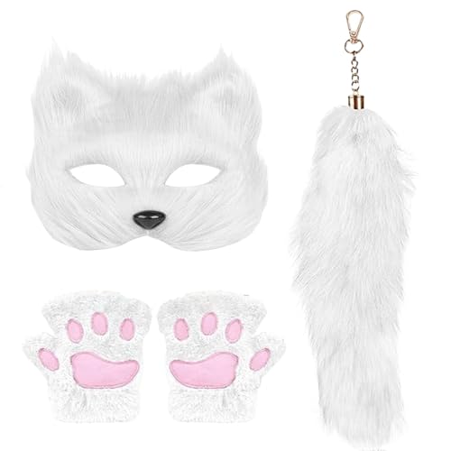 Fake Wolf Cosplay Set | Wolfspatze, Gesichtsdecke und Schwanz | Niedliche dekorative Ausrüstung | Handschuhe, Maske und Katzenschwanz für Halloween, Maskerade, Kostümpartys und Themenveranstaltungen von Generic
