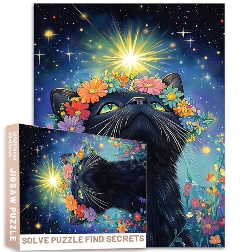 Fantasy Art Puzzle, schwarze Katze, Blumenkrone, leuchtende Sterne, magische Aura, Nachthimmel, 50 x 70 cm, 1000 Teile von Generic