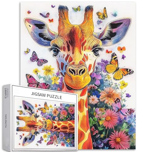 Fantasy Giraffe Puzzle für Erwachsene, Schmetterlings- und Blumenszene, Kunst-Puzzle, herausfordernde Familienaktivitäten, buntes Bastelpuzzle für Heimdekoration, Geschenke, 50 x 70 cm, 1000 Teile von Generic