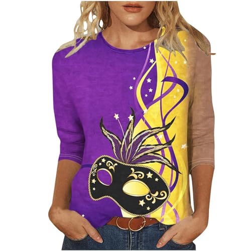 Faschingskostüme Damen Lustiger Karneval Maske Grafisches T-Shirt 3/4 Ärmel Tunika mit Rundhalsausschnitt Trendy Karneval Kostüm Damen Mardi Gras Oufits 2024 (A-Purple,XXL) von Generic