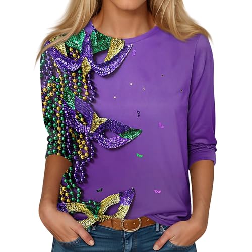Faschingskostüme Damen Lustiger Karneval Maske Grafisches T-Shirt 3/4 Ärmel Tunika mit Rundhalsausschnitt Trendy Karneval Kostüm Damen Mardi Gras Oufits 2024 (D-Light Purple,L) von Generic