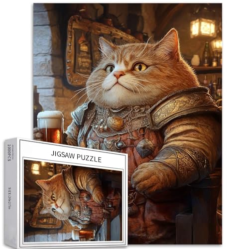 Fat Cat Drinking Beer Puzzle 1000 Teile Puzzle für Erwachsene, Mittelalter-Kostüm, Kunst-Puzzle, bunt, DIY-Puzzles für Heimdekoration, Geschenke, Familienpuzzle, perfekt für Spielabende, 50 x 70 cm von Generic