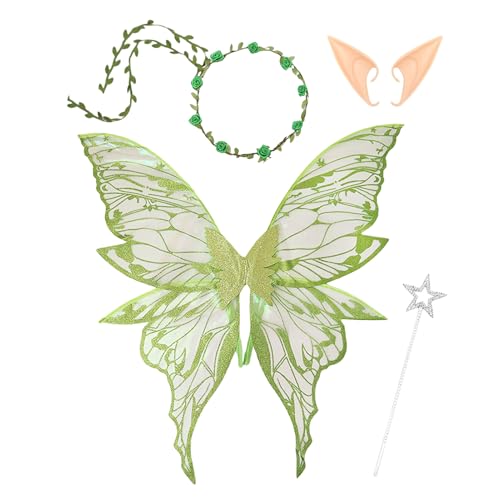Feenflügel Für Mädchen,Engelsflügel Kostüm Set Mit Blumigem Kopfschmuck Und Elfenohren - Party Ausstattung Prinzessinnen Rollenspiel Kostüm Für Geburtstag Schminkfeiern Bühnenauftritte von Generic