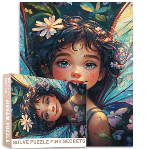 Feenkind mit bunten Flügeln, Blumenwald, 1000 Teile, 50 x 70 cm, skurrile Illustration, funkelnde blaue Augen, Sommersprossen Feenkind mit bunten Flügeln, Blumenwald, 1000 Teile, 50 x 70 cm, skurrile Illustration, funkelnde blaue Augen, Sommersprossen von Generic