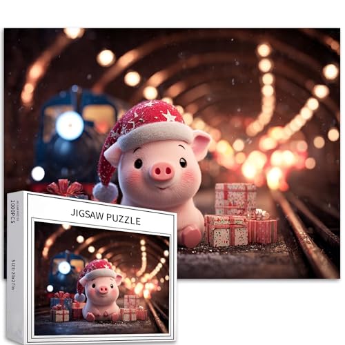 Ferkel mit Weihnachtsmütze 1000 Teile Puzzles für Erwachsene Weihnachten Cartoon Kunst Puzzle Herausfordernde Familienaktivität Spiele Bunte DIY Handwerk Puzzle für Heimdekoration von Generic