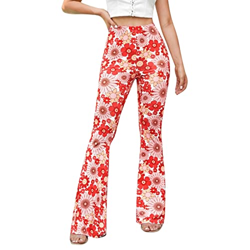 Festival Flare Hosen Für Damen 70er Jahre Outfit Hippie Kleidung Flower High Waist Boho 60er Hose Hippie Blumen High Waist Outfit Disco Kostüm Yogahose Elastische Taille Yogahose (A-Red, XXL) von Generic