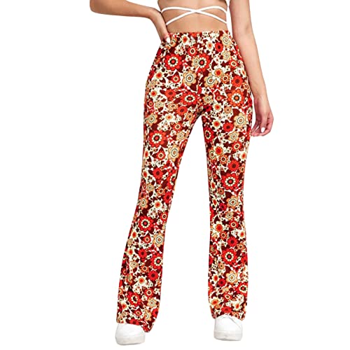 Festival Flare Hosen Für Damen 70er Jahre Outfit Hippie Kleidung Flower High Waist Boho 60er Hose Hippie Blumen High Waist Outfit Disco Kostüm Yogahose Elastische Taille Yogahose (A-Yellow, XXL) von Generic