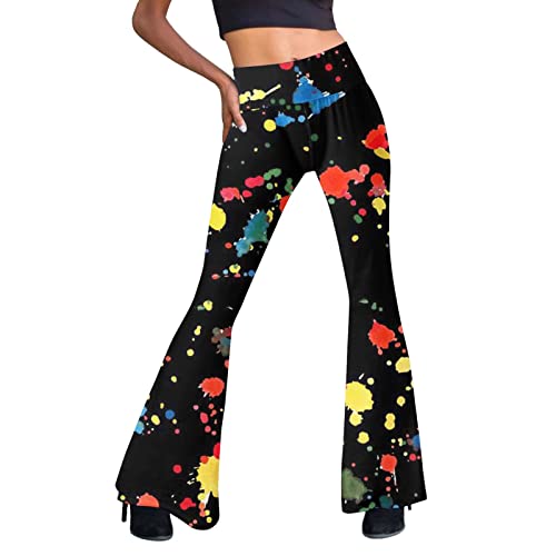 Festival Flare Hosen Für Damen 70er Jahre Outfit Hippie Kleidung Flower High Waist Boho 60er Hose Hippie Blumen High Waist Outfit Disco Kostüm Yogahose Elastische Taille Yogahose (Black #1, XXL) von Generic