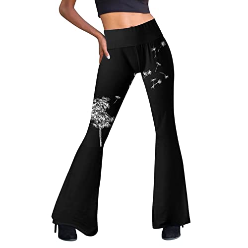 Festival Flare Hosen Für Damen 70er Jahre Outfit Hippie Kleidung Flower High Waist Boho 60er Hose Hippie Blumen High Waist Outfit Disco Kostüm Yogahose Elastische Taille Yogahose (Black #8, M) von Generic