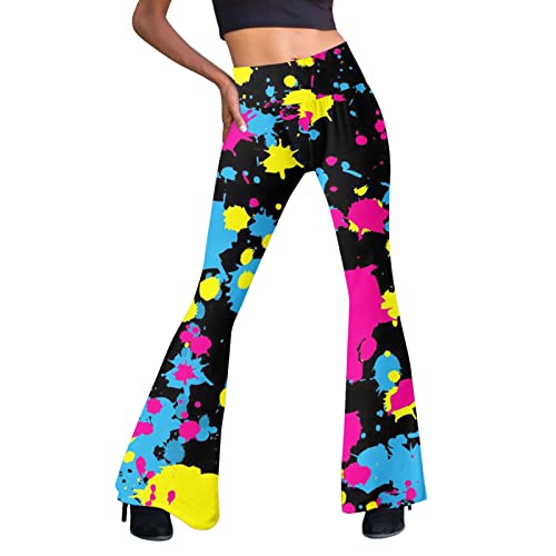 Festival Flare Hosen Für Damen 70er Jahre Outfit Hippie Kleidung Flower High Waist Boho 60er Hose Hippie Blumen High Waist Outfit Disco Kostüm Yogahose Elastische Taille Yogahose (Blue #1, M) von Generic