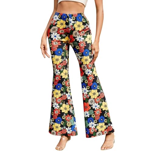Festival Flare Hosen Für Damen 70er Jahre Outfit Hippie Kleidung Flower High Waist Boho 60er Hose Hippie Blumen High Waist Outfit Disco Kostüm Yogahose Elastische Taille Yogahose (Blue #9, S) von Generic