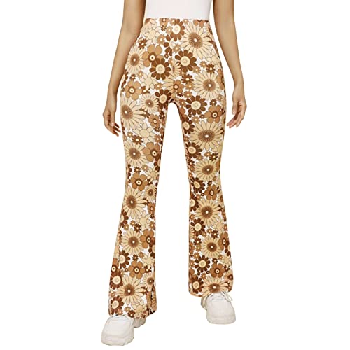 Festival Flare Hosen Für Damen 70er Jahre Outfit Hippie Kleidung Flower High Waist Boho 60er Hose Hippie Blumen High Waist Outfit Disco Kostüm Yogahose Elastische Taille Yogahose (Brown #10, S) von Generic