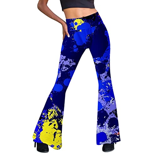 Festival Flare Hosen Für Damen 70er Jahre Outfit Hippie Kleidung Flower High Waist Boho 60er Hose Hippie Blumen High Waist Outfit Disco Kostüm Yogahose Elastische Taille Yogahose (Dark Blue #1, XXL) von Generic