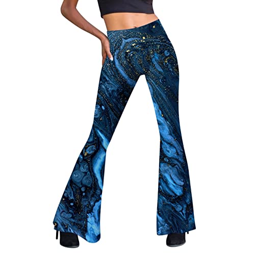 Festival Flare Hosen Für Damen 70er Jahre Outfit Hippie Kleidung Flower High Waist Boho 60er Hose Hippie Blumen High Waist Outfit Disco Kostüm Yogahose Elastische Taille Yogahose (Dark Blue #7, L) von Generic