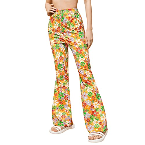 Festival Flare Hosen Für Damen 70er Jahre Outfit Hippie Kleidung Flower High Waist Boho 60er Hose Hippie Blumen High Waist Outfit Disco Kostüm Yogahose Elastische Taille Yogahose (Green #10, S) von Generic
