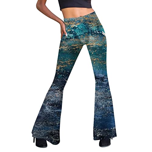 Festival Flare Hosen Für Damen 70er Jahre Outfit Hippie Kleidung Flower High Waist Boho 60er Hose Hippie Blumen High Waist Outfit Disco Kostüm Yogahose Elastische Taille Yogahose (Green #6, S) von Generic