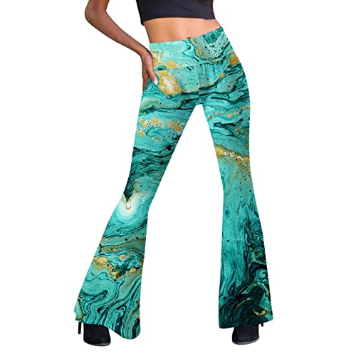 Festival Flare Hosen Für Damen 70er Jahre Outfit Hippie Kleidung Flower High Waist Boho 60er Hose Hippie Blumen High Waist Outfit Disco Kostüm Yogahose Elastische Taille Yogahose (Green #7, M) von Generic