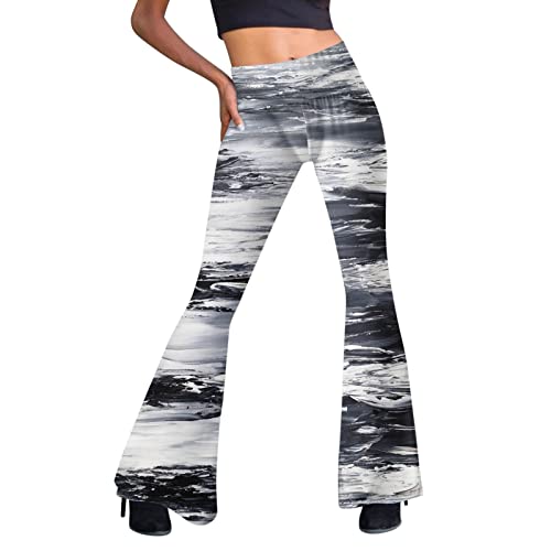 Festival Flare Hosen Für Damen 70er Jahre Outfit Hippie Kleidung Flower High Waist Boho 60er Hose Hippie Blumen High Waist Outfit Disco Kostüm Yogahose Elastische Taille Yogahose (Grey #6, L) von Generic