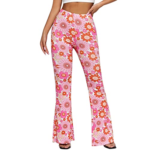 Festival Flare Hosen Für Damen 70er Jahre Outfit Hippie Kleidung Flower High Waist Boho 60er Hose Hippie Blumen High Waist Outfit Disco Kostüm Yogahose Elastische Taille Yogahose (M) von Generic