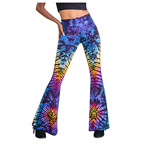 Festival Flare Hosen Für Damen 70er Jahre Outfit Hippie Kleidung Flower High Waist Boho 60er Hose Hippie Blumen High Waist Outfit Disco Kostüm Yogahose Elastische Taille Yogahose (Multicolor #3, M) von Generic
