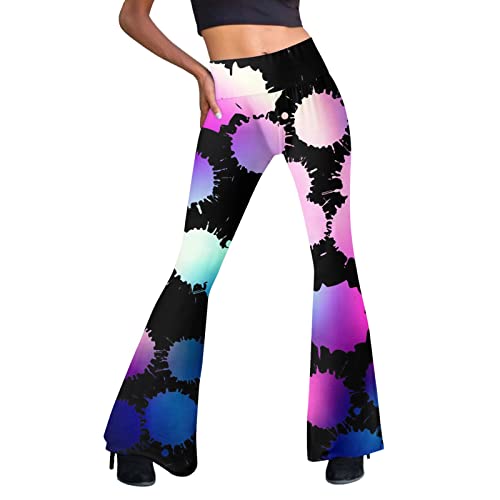 Festival Flare Hosen Für Damen 70er Jahre Outfit Hippie Kleidung Flower High Waist Boho 60er Hose Hippie Blumen High Waist Outfit Disco Kostüm Yogahose Elastische Taille Yogahose (Purple #1, S) von Generic