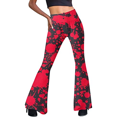 Festival Flare Hosen Für Damen 70er Jahre Outfit Hippie Kleidung Flower High Waist Boho 60er Hose Hippie Blumen High Waist Outfit Disco Kostüm Yogahose Elastische Taille Yogahose (Red #1, XXL) von Generic