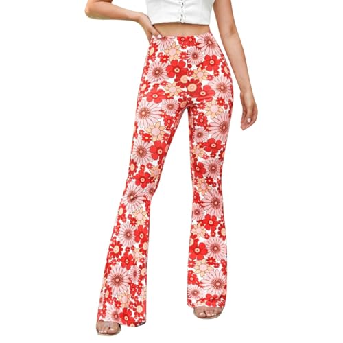 Festival Flare Hosen Für Damen 70er Jahre Outfit Hippie Kleidung Flower High Waist Boho 60er Hose Hippie Blumen High Waist Outfit Disco Kostüm Yogahose Elastische Taille Yogahose (Red #9, S) von Generic