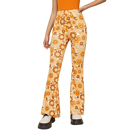 Festival Flare Hosen Für Damen 70er Jahre Outfit Hippie Kleidung Flower High Waist Boho 60er Hose Hippie Blumen High Waist Outfit Disco Kostüm Yogahose Elastische Taille Yogahose (Yellow #10, XXL) von Generic