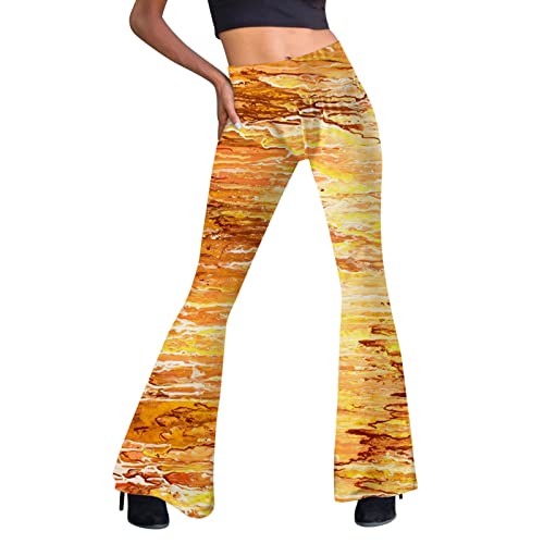 Festival Flare Hosen Für Damen 70er Jahre Outfit Hippie Kleidung Flower High Waist Boho 60er Hose Hippie Blumen High Waist Outfit Disco Kostüm Yogahose Elastische Taille Yogahose (Yellow #7, XL) von Generic