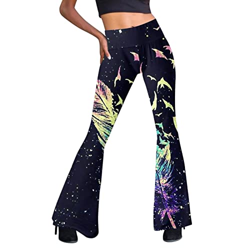 Festival Flare Hosen Für Damen 70er Jahre Outfit Hippie Kleidung Flower High Waist Boho 60er Hose Hippie Blumen High Waist Outfit Disco Kostüm Yogahose Elastische Taille Yogahose (Yellow #8, S) von Generic