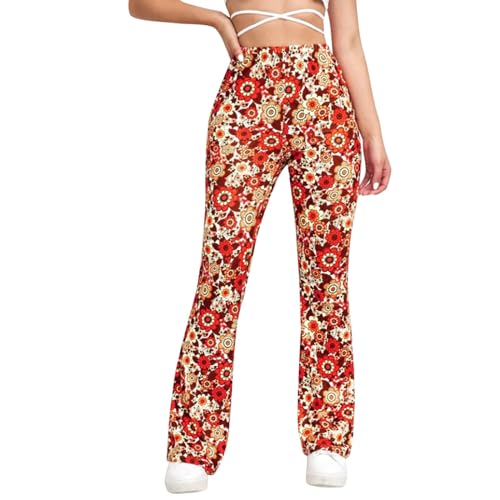Festival Flare Hosen Für Damen 70er Jahre Outfit Hippie Kleidung Flower High Waist Boho 60er Hose Hippie Blumen High Waist Outfit Disco Kostüm Yogahose Elastische Taille Yogahose (Yellow #9, S) von Generic