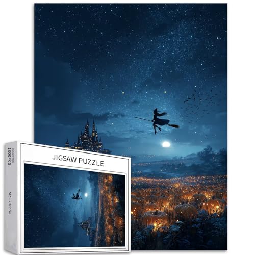 Flying Little Witch Puzzle für Erwachsene, Halloween-Kürbisfeld-Kunst-Puzzle, herausfordernde Familienaktivitäten, buntes Bastelpuzzle für Heimdekoration, Geschenke, 50,8 x 68,6 cm, 1000 Teile von Generic