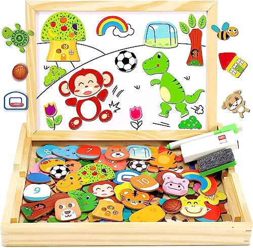 Jojoin Holzpuzzle mit Doppelplatte - 110 Stück magnetisches Holzspielzeug Tier- und Fußballmuster - Magnetplatte Magnet Kinderspielzeug magnetisches Spiel Puzzle Spielzeug Geschenk von Jojoin