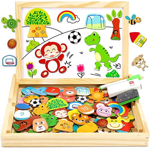 Jojoin Holzpuzzle mit Doppelplatte - 110 Stück magnetisches Holzspielzeug Tier- und Fußballmuster - Magnetplatte Magnet Kinderspielzeug magnetisches Spiel Puzzle Spielzeug Geschenk von Jojoin