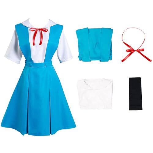 Frauen Anime Cosplay Kostüm Für Rei Ayanami High School Uniform Outfit Mit Perücke Halloween Full Set (Blau,XL) von Generic