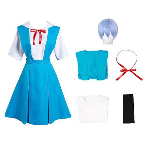 Frauen Anime Cosplay Kostüm Für Rei Ayanami High School Uniform Outfit Mit Perücke Halloween Full Set (Blau (mit Perücke),XXL) von Generic