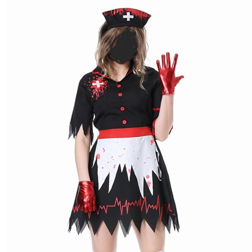 Frauen Halloween Gruselige Krankenschwester Cosplay Kostüm, blutiges Kleid und Hut-Sets, Halloween-Kostüm-Outfits (Schwarz, L) von Generic