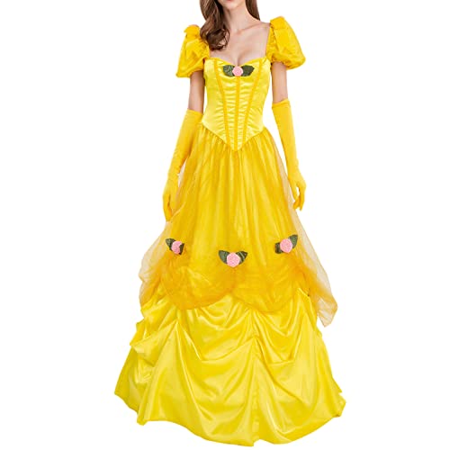 Frauen-Puffärmel-niedriger Kragen 2pices Set Cosplay Princess Performance-Kostüm für Cosplay-Kleid mit Handschuhen Faltenrock Damen Midi (Yellow, M) von Generic