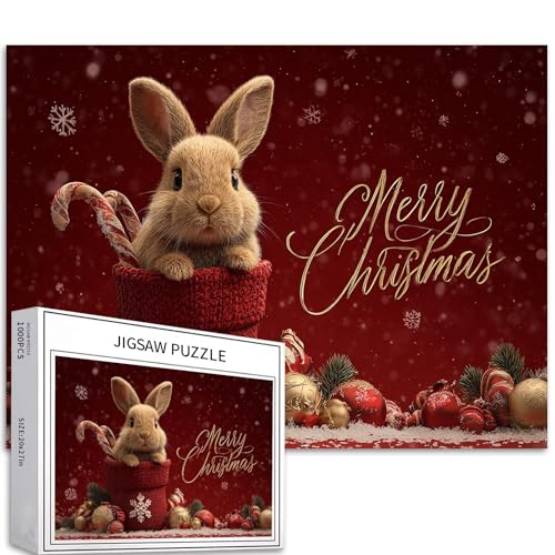 Frohe Weihnachten Bunny 1000-teiliges Puzzle für Erwachsene, Weihnachtsposter, Kunst-Puzzle, herausfordernde Familienaktivitäten, buntes Bastelpuzzle für Heimdekoration, Geschenke, 68 x 50 cm von Generic