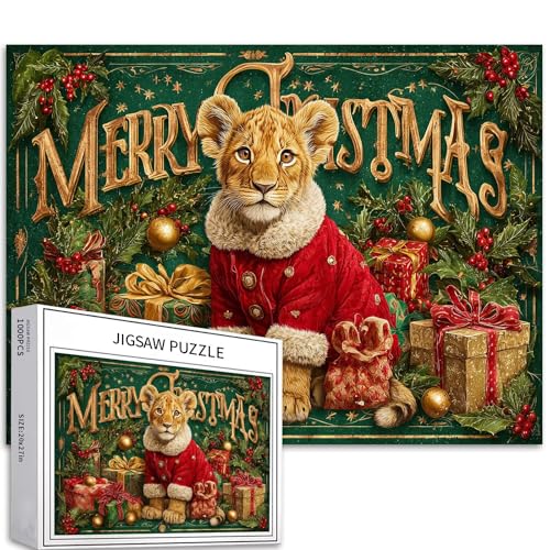 Frohe Weihnachten Poster, 1000 Teile Puzzle für Erwachsene, Löwenjunges, Szene, Kunstpuzzle, bunt, DIY-Puzzles für Heimdekoration, Geschenke, Familienpuzzle, perfekt für Spieleabende, 70 × 50 cm von Generic