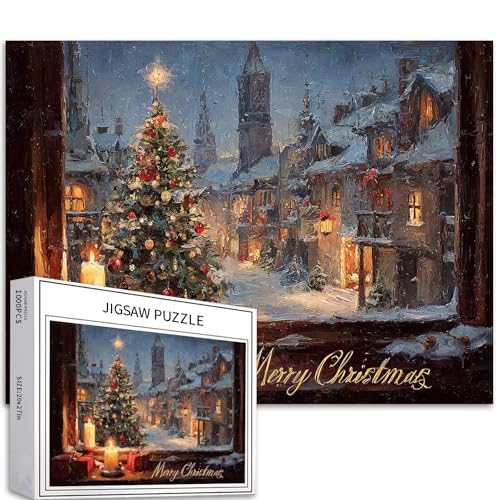 Frohe Weihnachten Poster, 1000 Teile Puzzle für Erwachsene, Ölgemälde-Stil, Kunst-Puzzle, bunte DIY-Puzzles für Heimdekoration, Geschenke, Familienpuzzle, perfekt für Spieleabende, 68 x 50 cm von Generic