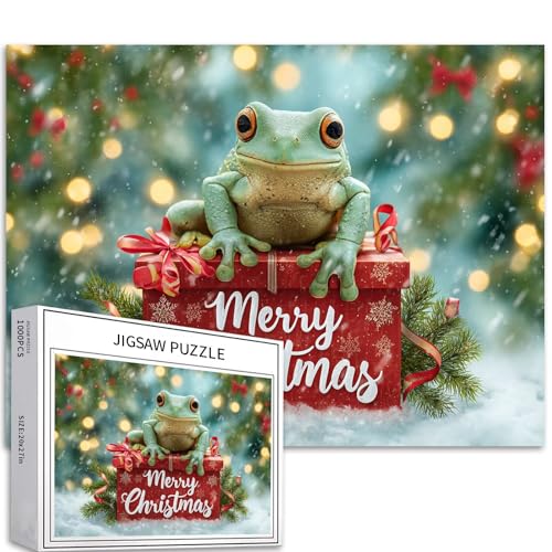Frosch auf der Geschenkbox, 1000-teiliges Puzzle für Erwachsene, Weihnachtsbanner, Kunst-Puzzle, anspruchsvolle Familienaktivitäten, buntes Bastelpuzzle für Heimdekoration, Geschenke, 68 x 50 cm Frosch auf der Geschenkbox, 1000-teiliges Puzzle für Erwachsene, Weihnachtsbanner, Kunst-Puzzle, anspruchsvolle Familienaktivitäten, buntes Bastelpuzzle für Heimdekoration, Geschenke, 68 x 50 cm von Generic