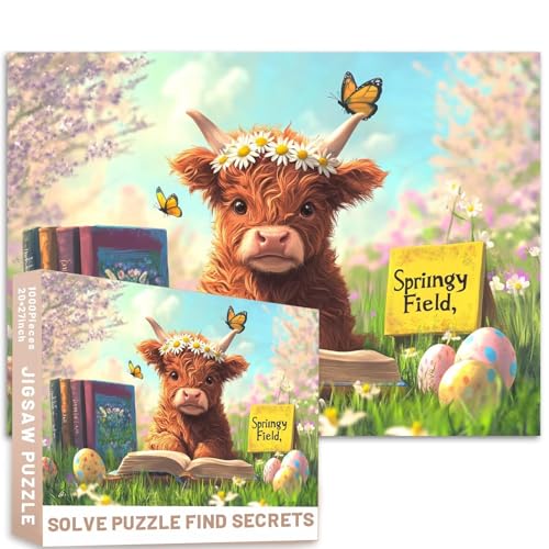 Frühlingsfeld-Puzzle, Oster-Baby, Kuh, Gänseblümchen, Kinderbuch, Illustrationsstil, 50 x 70 cm, lustige bunte DIY-Puzzles für Heimdekoration, Geschenke, Familienpuzzle, perfekt für Spielabende von Generic