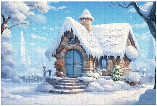 Für Erwachsene, 1000-teiliges Holzpuzzle, für EIN im Schnee eingebettetes Chalet, Weihnachts-Cartoon-Zeichnung, Verschiedene Muster (c ; 500) von Generic