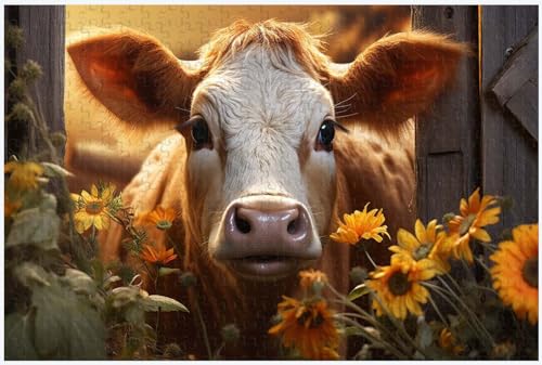 Für Erwachsene, 1000-teiliges Holzpuzzle, für verspielte Kühe auf dem Bauernhof, Tierpuzzles, dekorative Gemälde (b ; 1000) von Generic
