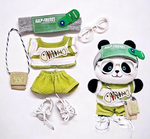 Geeignet für 17 cm trendige Puppenkleidung, Hosen, Röcke, Brillen, Hüte, Schuhe, Kopfhörer, Zubehör (Fischgrätenmuster, 4-teiliges Set + Leinenschuhe + Brille) von Generic
