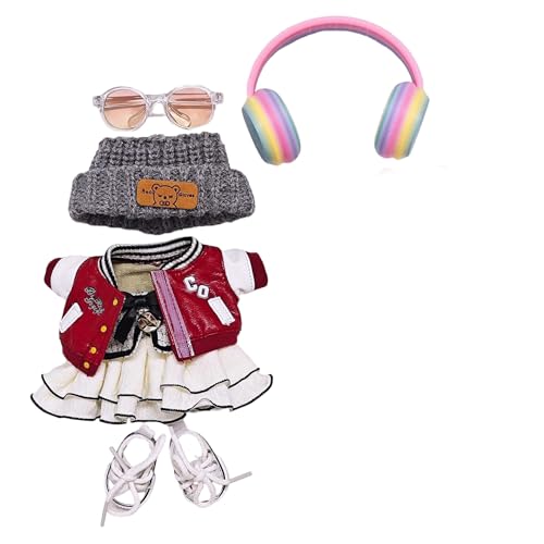 Geeignet für 17 cm trendige Puppenkleidung, Hosen, Röcke, Brillen, Hüte, Schuhe, Kopfhörer-Zubehör (Baseball-Trikot + grauer Hut + Rock, 6 Stück) von Generic
