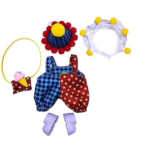 Geeignet für 17 cm trendige Puppenkleidung, Hosen, Röcke, Brillen, Hüte, Schuhe, Kopfhörer-Zubehör (Clownanzug + lila Schuhe, 5-teiliges Set) von Generic