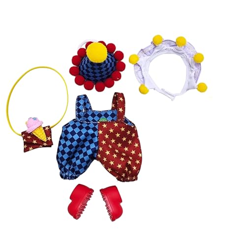 Geeignet für 17 cm trendige Puppenkleidung, Hosen, Röcke, Brillen, Hüte, Schuhe, Kopfhörer-Zubehör (Clownanzug + rote Schuhe, 5-teiliges Set) von Generic